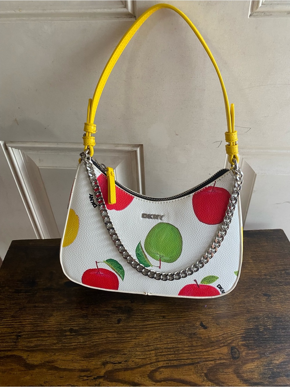DKNY White Apple Print Shoulder Bag with Yellow Strap and Silver Chain